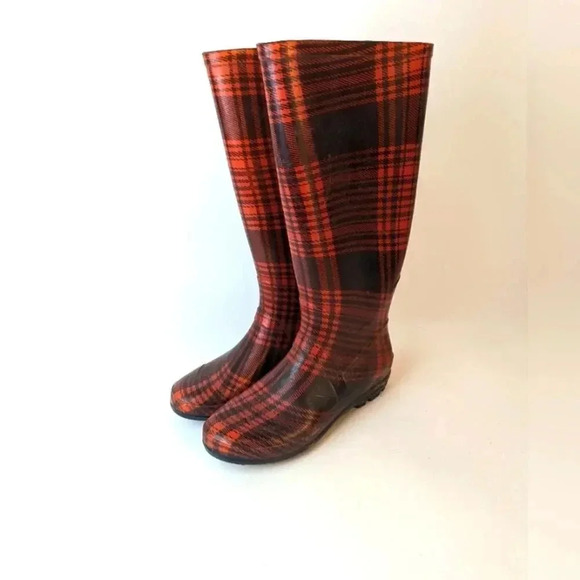 Red Plaid Rain Boots - 8 - Picture 1 of 5